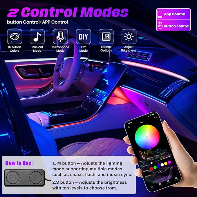 Acrylic Interior Car LED Strip Lights, Colorful 6-in-1 Car Ambient Lighting Kit - Image 6