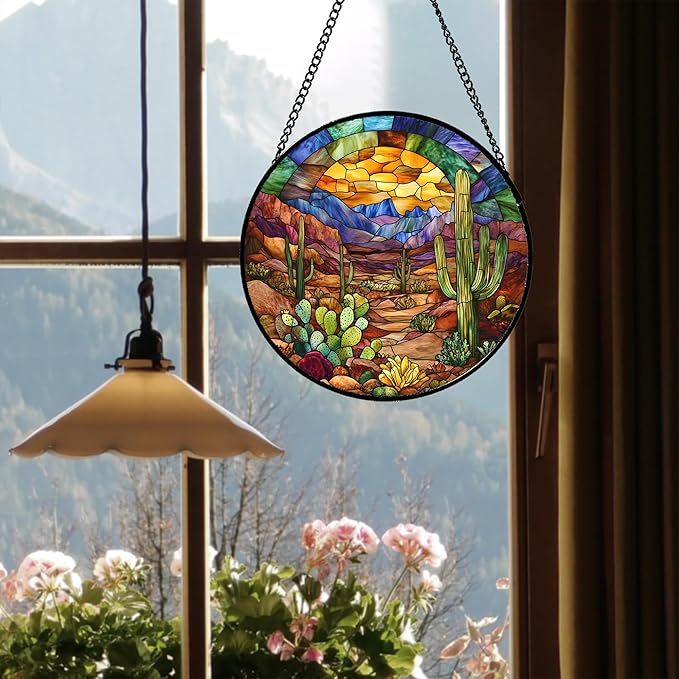 CRISGIF Stained Glass Window Hanging Cactus Mountains Landscape Large 15" - Image 3