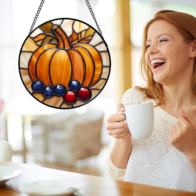 DASTOLL Stained Glass Window Hanging Fall Pumpkin Berries Large 15" - Image 4