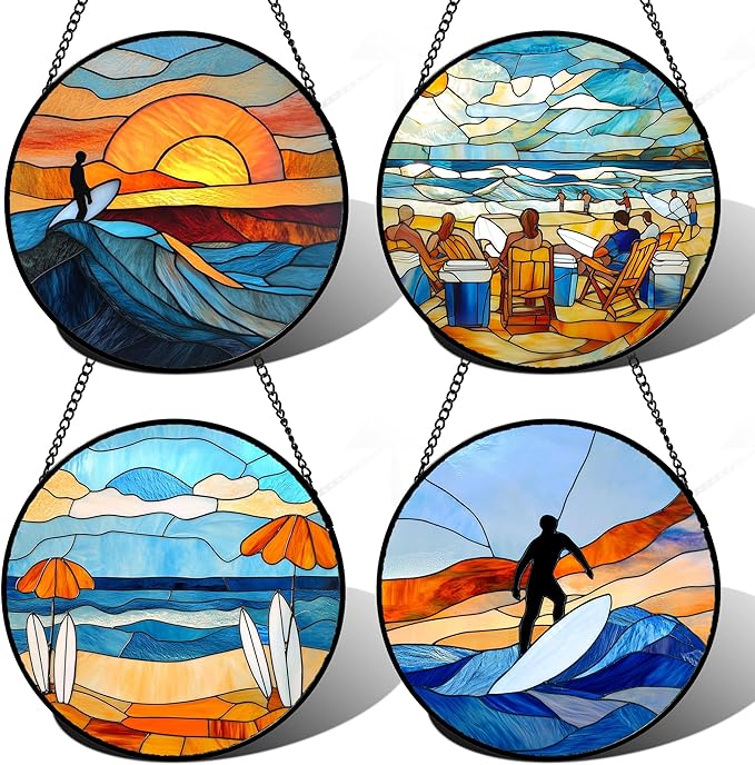 AMDERVEN Stained Glass Window Hanging 4 Pcs Set Blue Ocean Surfing Beach 7.8" by amderven