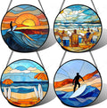 AMDERVEN Stained Glass Window Hanging 4 Pcs Set Blue Ocean Surfing Beach 7.8" by amderven