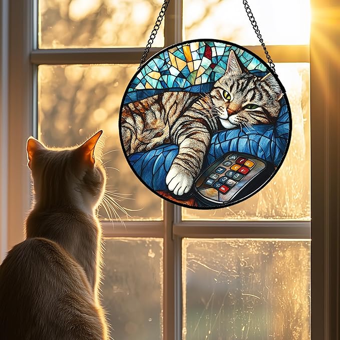 DASTOLL Stained Glass Window Hanging Gray Cat and Remote Control 9.8" - Image 2