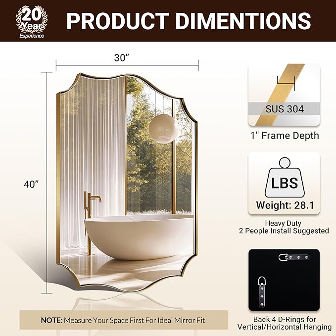 ANDY STAR 30"x40" Brushed Gold Bathroom Mirror, Large Rectangle Scalloped Mirror - Image 2
