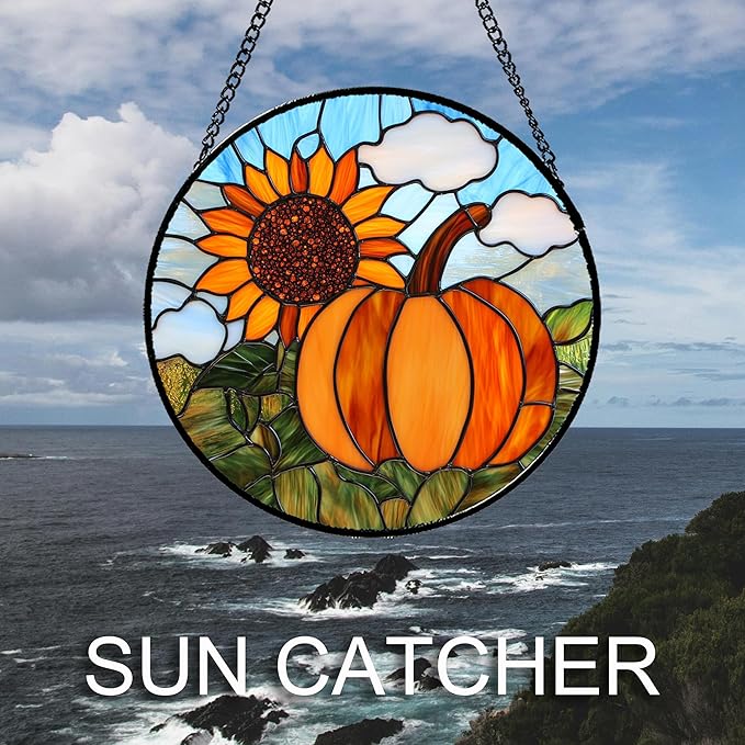 DASTOLL Stained Glass Window Hanging Fall Farm Scenery Sunflower Pumpkin 7.8" - Image 2