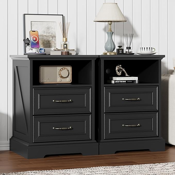 Nightstand with Charging Station Set of 2, Farmhouse Wood Small Dresser by Thacuok