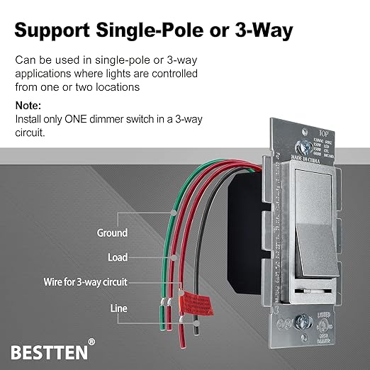 BESTTEN 5 Pack Matte Silver Dimmer Light Switch, Single Pole or 3-Way, - Image 6
