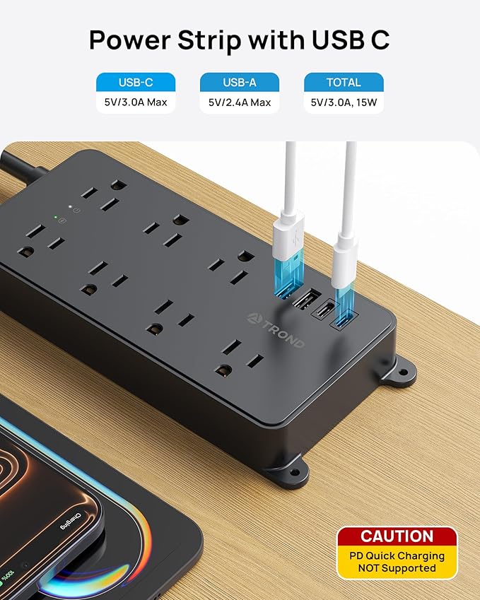 TROND Power Strip Surge Protector 10ft, ETL Listed, Flat Plug Extension Cord - Image 3