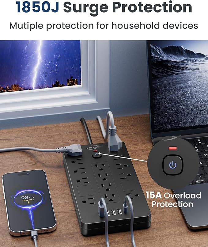 JouleLoom Surge Protector Power Strip-14 Outlets and 6 USB Ports, 6 Feet Flat - Image 6