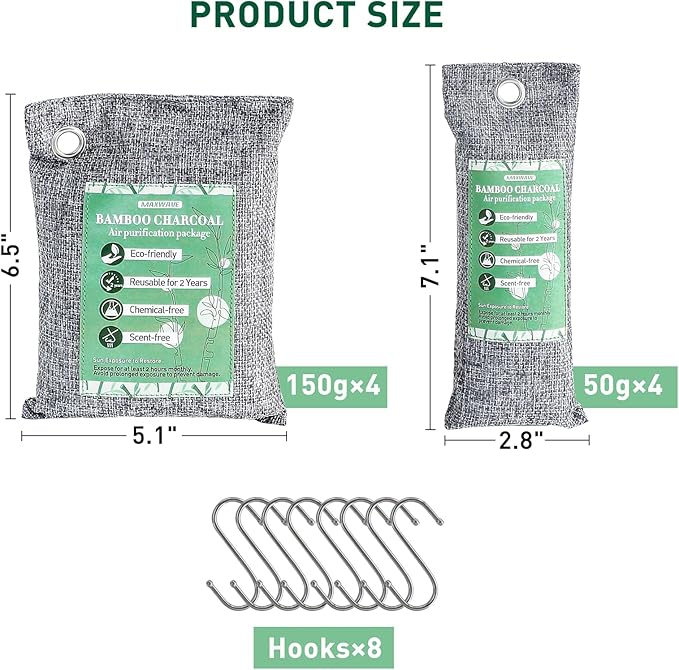 MAXWAVE 8 Pack Activated Charcoal Odor Absorber Bags, Bamboo Charcoal Air - Image 2