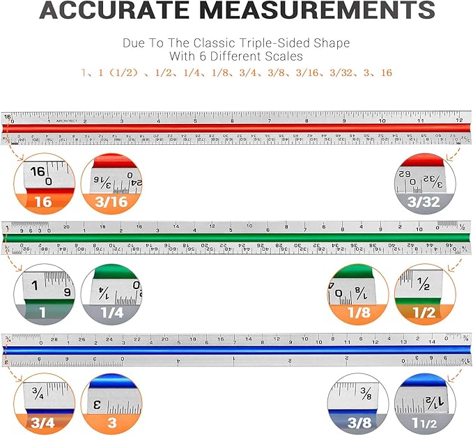 12" Architectural Scale Ruler Aluminum Architect Scale Triangular Scale Ruler - Image 3