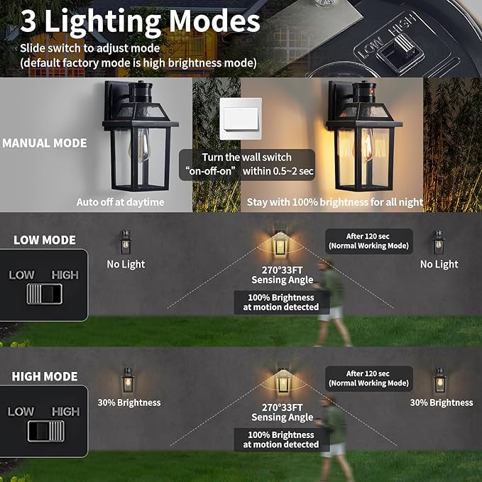 Motion Sensor Outdoor Wall Lights, Porch Light Outdoor 3 Lighting Modes - Image 3