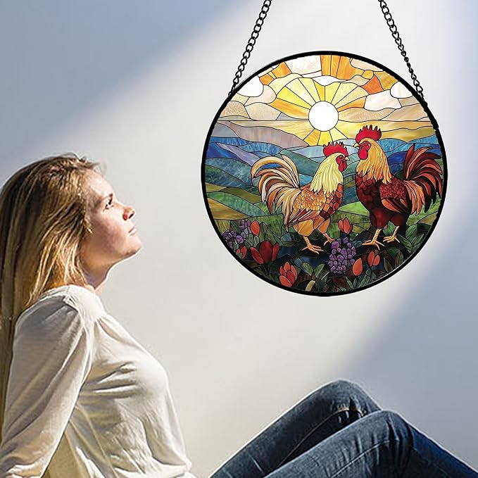 AMDERVEN Stained Glass Window Hanging, Countryside Scenery Chicken Sun Catcher - Image 3