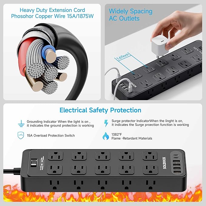 Solidock Power Strip Surge Protector Flat Plug - Image 6