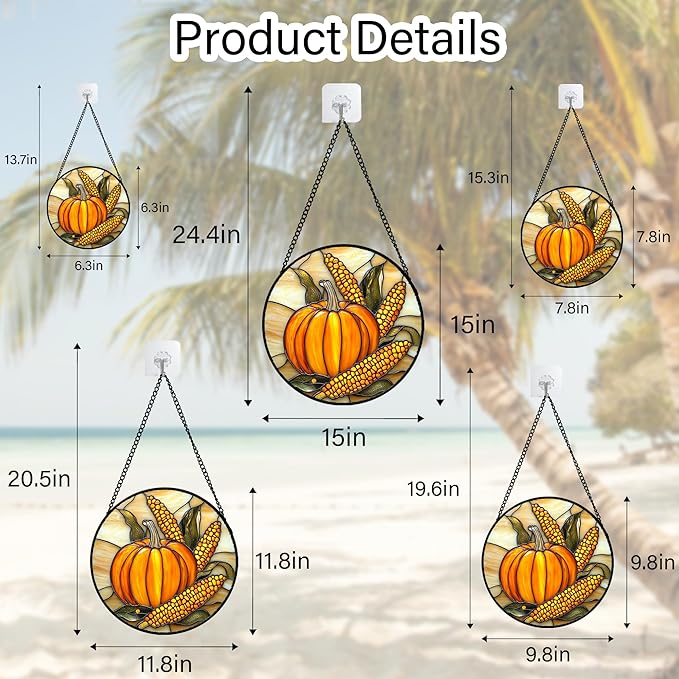 DASTOLL Stained Glass Window Hanging Autumn Harvest Pumpkin Corn 7.8" - Image 6