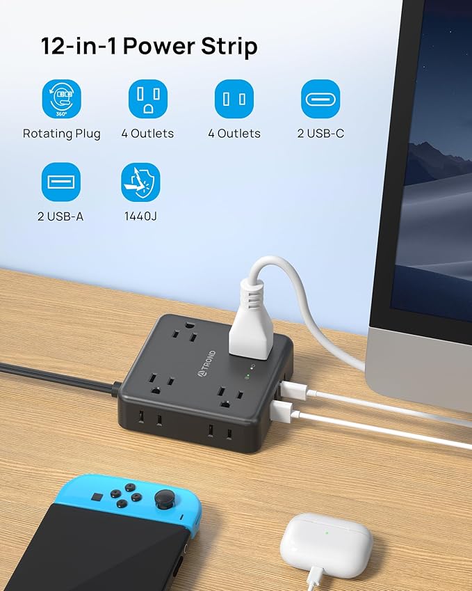 TROND 360° Rotating Flat Plug Power Strip, 5FT Flat Extension Cord - Image 3