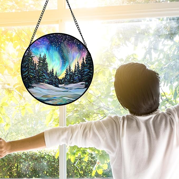 DASTOLL Stained Glass Window Hanging, Aurora Landscape Sun Catchers Glass Panel - Image 2