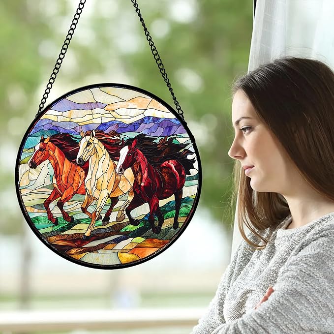 DASTOLL Stained Glass Window Hanging, Colorful Landscape Running Horse - Image 2