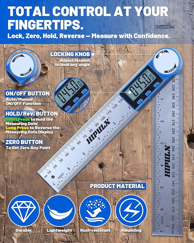 HIPULX Digital Angle Finder Ruler, 7 Inch 2-in-1 Stainless Steel Angle Finder - Image 4