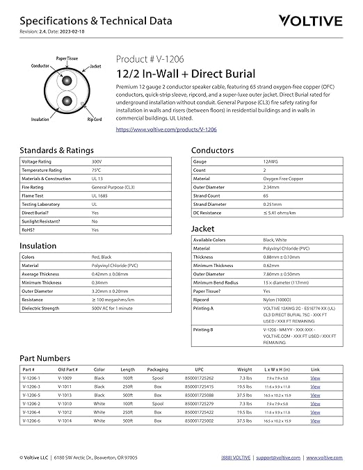 Voltive 12/2 Speaker Wire, in-Wall CL3 & Direct Burial, 500ft - Image 6