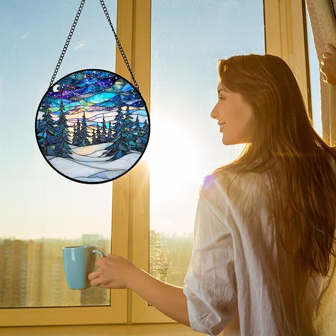 DASTOLL Stained Glass Window Hanging, Starry Sky Trees and Snow Sun Catchers - Image 3