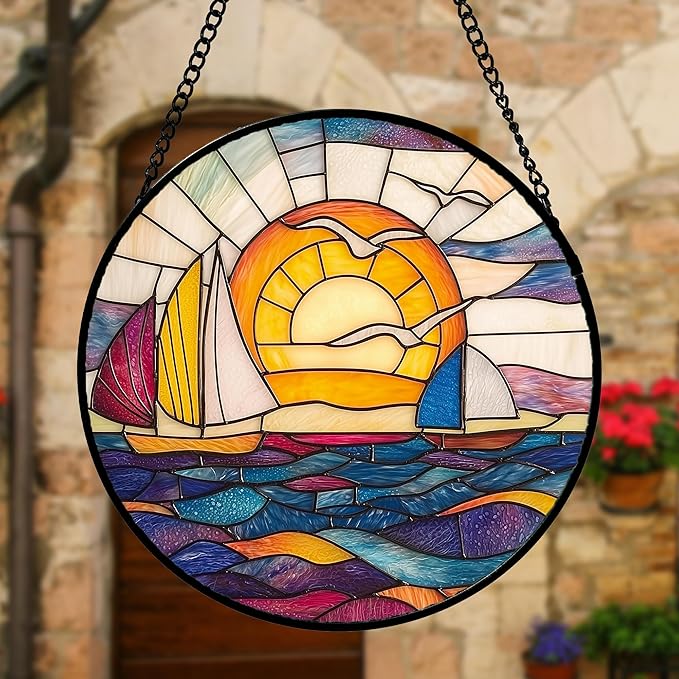 DASTOLL Stained Glass Window Hanging, Sailboat and Waves Suncatcher Diamond - Image 6