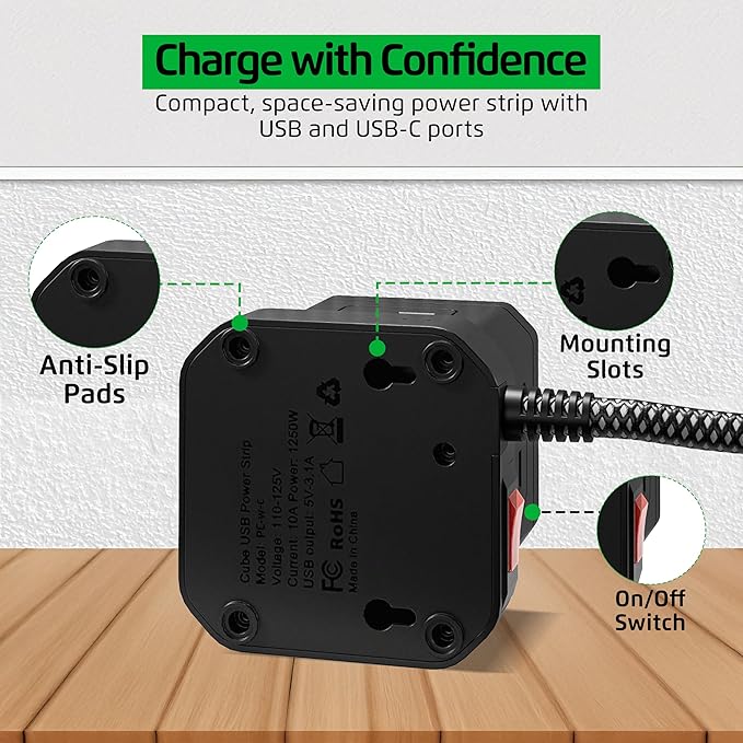 Cube Power Strips with Surge Protection, 6ft Extension Cord with Multiple - Image 6
