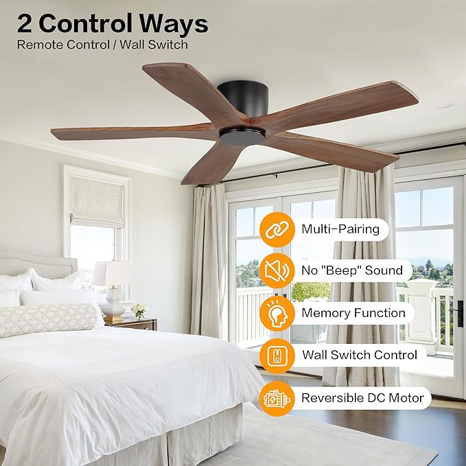 WINGBO 54" Flush Mount DC Ceiling Fans without Lights, 5 Carved Solid Wood - Image 2