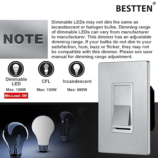 BESTTEN 10 Pack Matte Silver Dimmer Light Switch, Single Pole or 3-Way - Image 6
