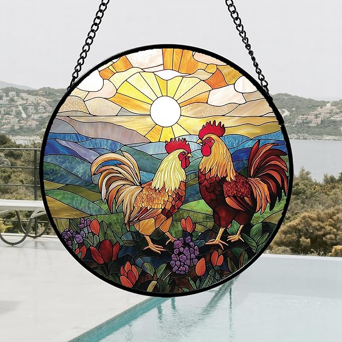 AMDERVEN Stained Glass Window Hanging, Countryside Scenery Chicken Sun Catcher - Image 3