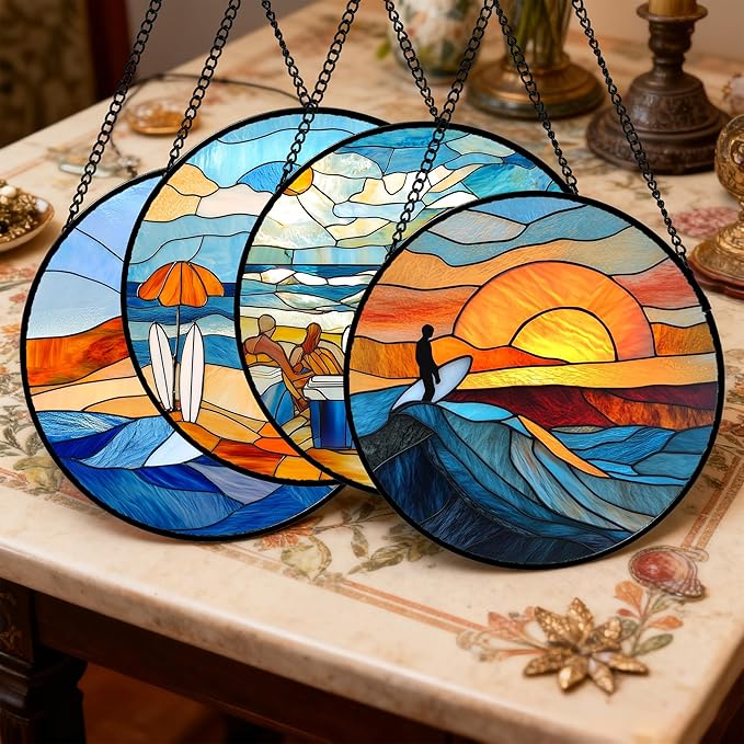 AMDERVEN Stained Glass Window Hanging 4 Pcs Set Blue Ocean Surfing Beach 6.3" - Image 2