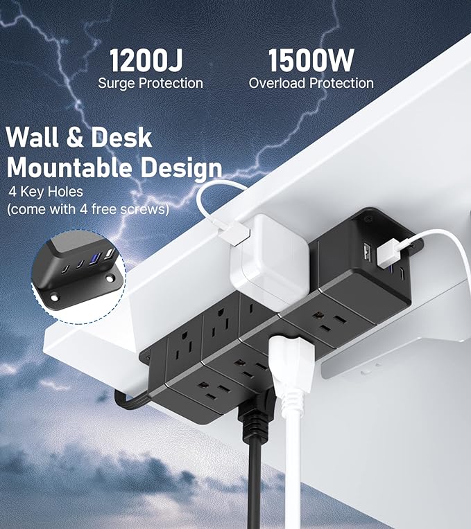 30W USB C Power Strip Surge Protector, 4 Side 12 Outlets Desk Power Strip - Image 6