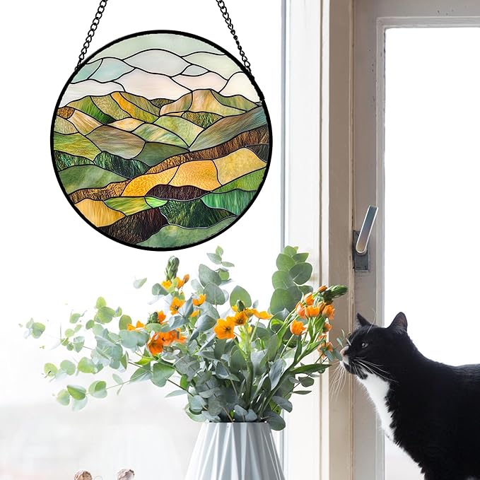 AMDERVEN Stained Glass Window Hanging 4 Pcs Set Mountain River Landscape Large - Image 4