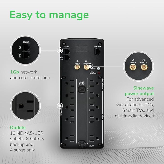 APC UPS Back-UPS Pro, 1000VA Sinewave UPS Battery Backup & Surge Protector - Image 8