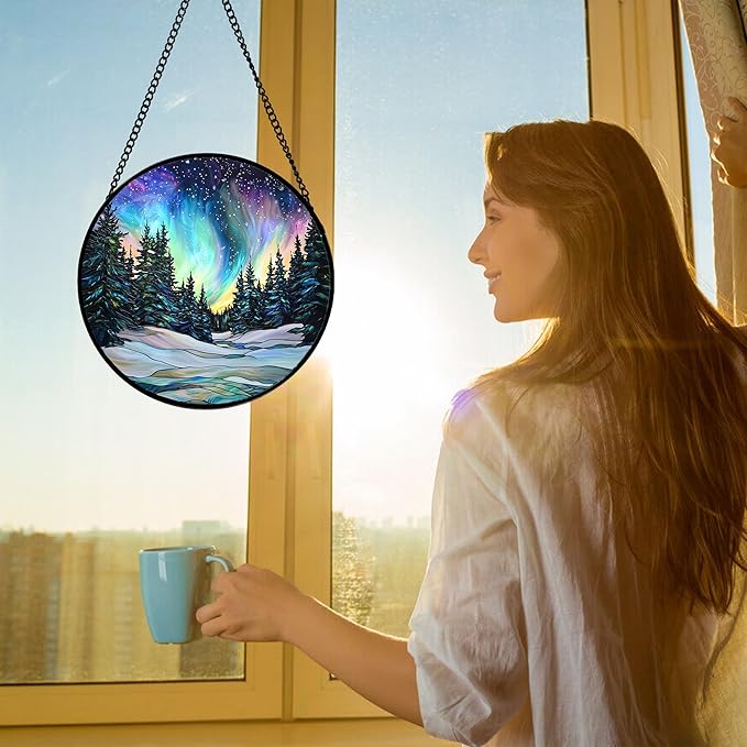 DASTOLL Stained Glass Window Hanging, Aurora Landscape Sun Catchers Glass Panel - Image 4