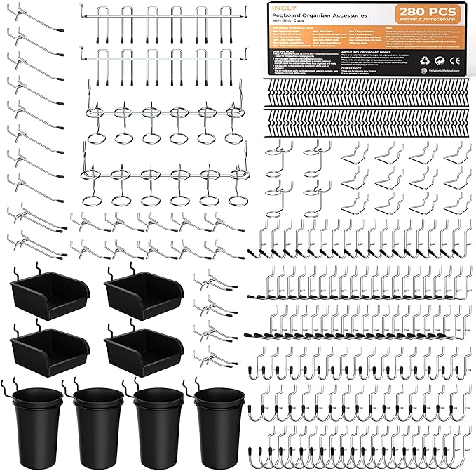 INCLY 280PCS Upgraded Pegboard Accessories Organizer Kit, Peg Board Hooks by INCLY