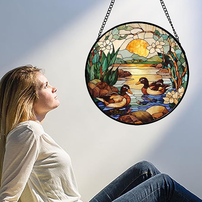 AMDERVEN Stained Glass Window Hanging, Ducks in The Pond Sun Catcher - Image 5