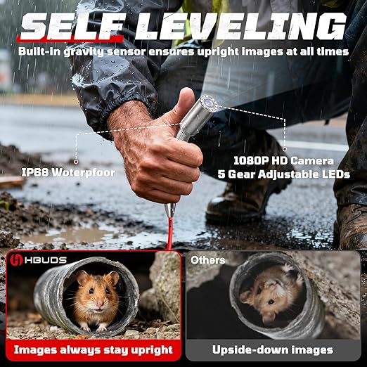 HBUDS Sewer Camera, Self Leveling Drain Camera 65ft - Image 2
