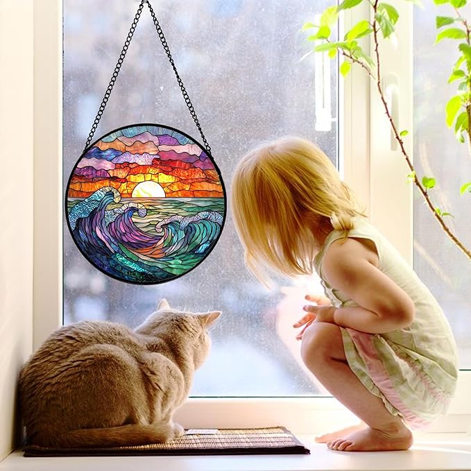 DASTOLL Stained Glass Window Hanging, Clouds and Sea Waves Suncatcher Diamond - Image 2