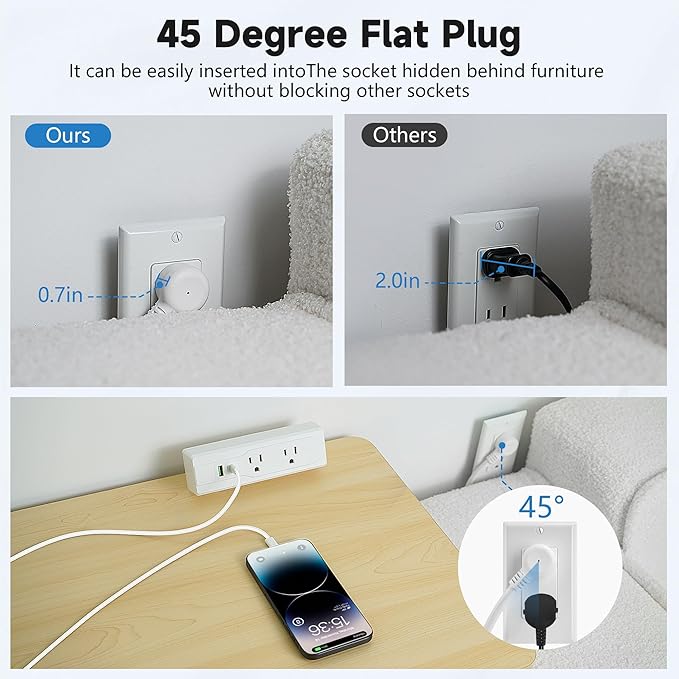 Desk Clamp Power Strip with 6 Feet Extension Cord, 45 Degree 3-Prong Thin Flat - Image 5
