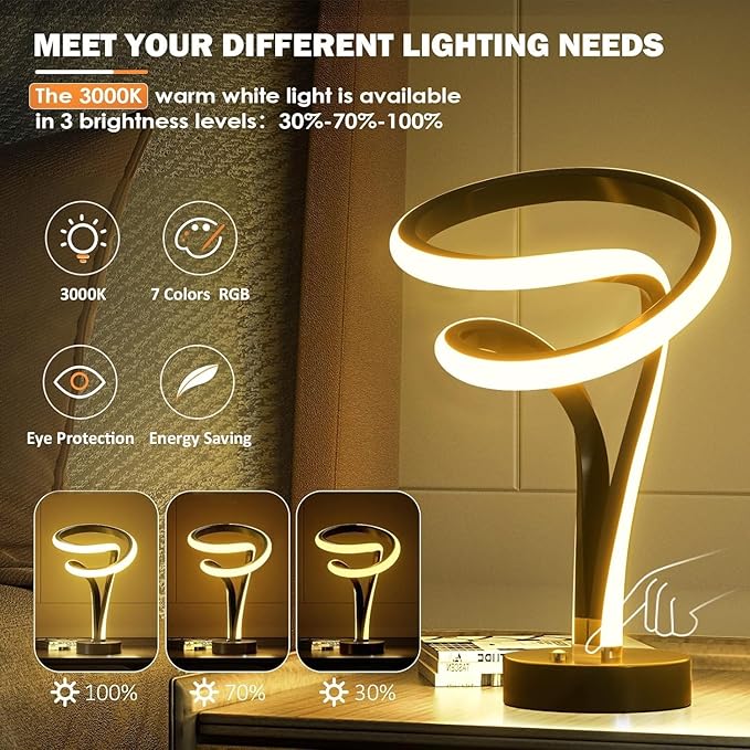 airnasa Spiral LED Table Lamp Set of 2-10 Color Modes, Touch Dimming, Modern - Image 4