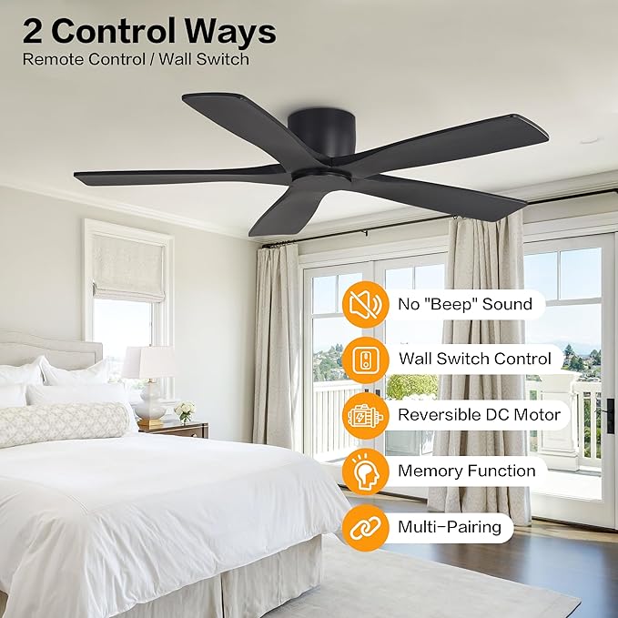 WINGBO 48" Flush Mount DC Ceiling Fans Without Lights, 5 Carved Solid Wood - Image 2