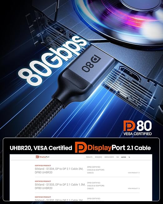 Silkland 80Gbps Short DisplayPort 2.1 Cable 1.6FT, DP 2.1 Cable 16K, DP80 HDR - Image 4