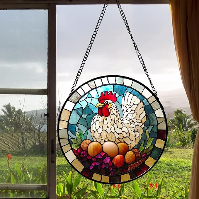 DASTOLL Stained Glass Window Hanging White Chicken Hatching Eggs Large 15" - Image 4