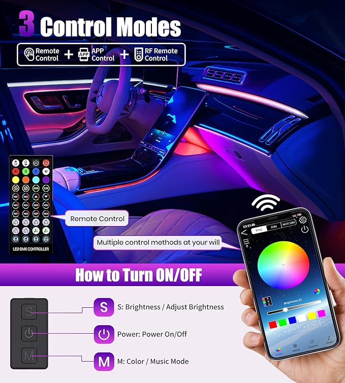 KENANEK 55.12’’ Acrylic Car Ambient Lighting Kit – 2 RGB LED Light Strips - Image 5