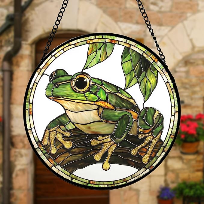 DASTOLL Stained Glass Window Hanging, Frog Green Leaf Sun Catchers Colorful - Image 5