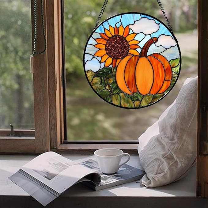 DASTOLL Stained Glass Window Hanging Fall Farm Scenery Sunflower Pumpkin 9.8" - Image 5