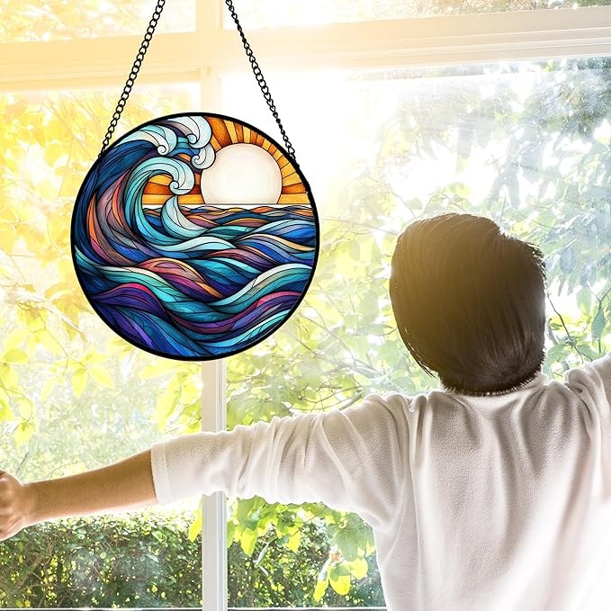 DASTOLL Stained Glass Window Hanging, Big Wave Sun Suncatcher Diamond Glass - Image 3