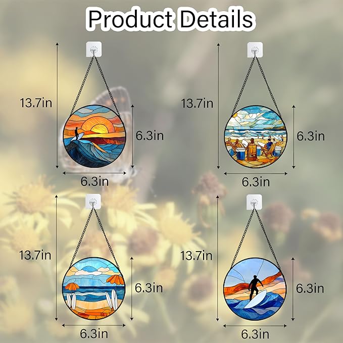 AMDERVEN Stained Glass Window Hanging 4 Pcs Set Blue Ocean Surfing Beach 6.3" - Image 6