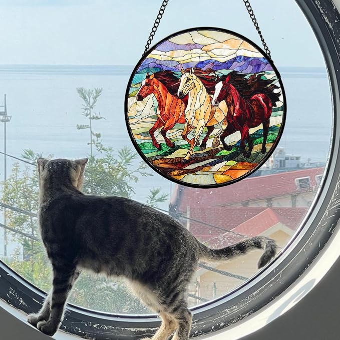 DASTOLL Stained Glass Window Hanging, Colorful Landscape Running Horse - Image 3