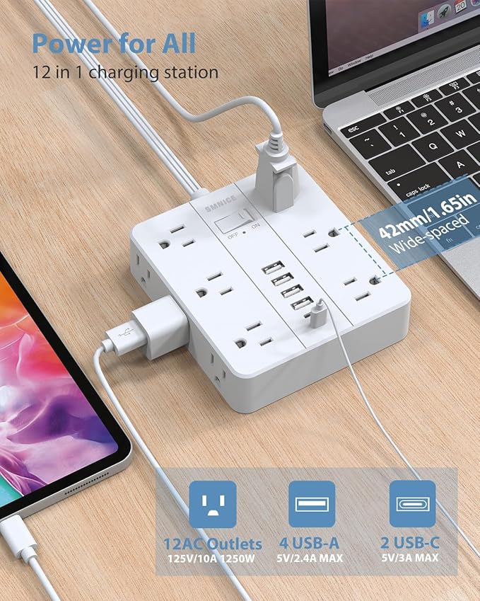 Power Strip Surge Protector 23ft Extension Cord, SMNICE Flat Plug - Image 3